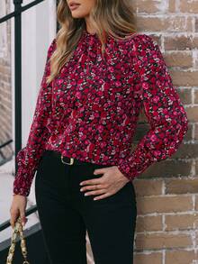 EMERY ROSE 全身花卉印花荷叶边领灯笼袖衬衫，适合新年衣服，长袖上衣 - 紅色 - 查看 5