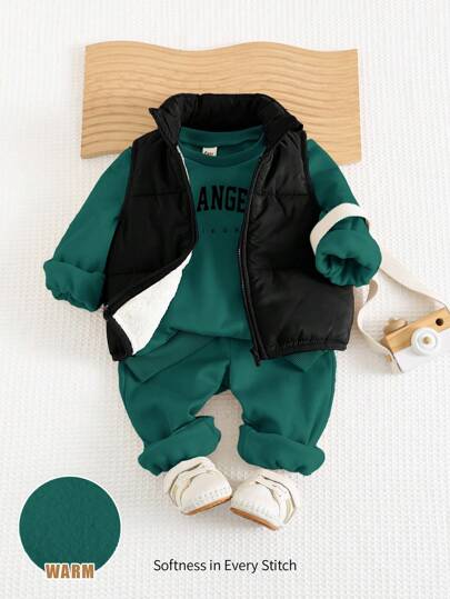 Cozy Pixies Bộ 3 áo hoodie cổ tròn tay dài in chữ mềm mại lót nhiệt cho bé trai, quần rút dây và áo ba lỗ không tay mùa thu đông