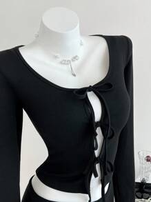 SHEIN Unity 2 piezas Conjunto de otoño para mujer, Cardigan con lazo en las mangas largas - Negro - Ver 7