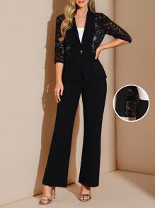 Amorya Women's Contrast Color Lace Single-Button Blazer And Straight Leg Pants Suit SetAutumn And Winter Women's ClothingWork/Officehalloween - Black - View 3