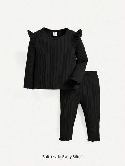 Cozy Pixies 2-pack Babyflickor Volangkrage Långärmad Topp Och Vågiga Byxor Outfit, Lättviktsset