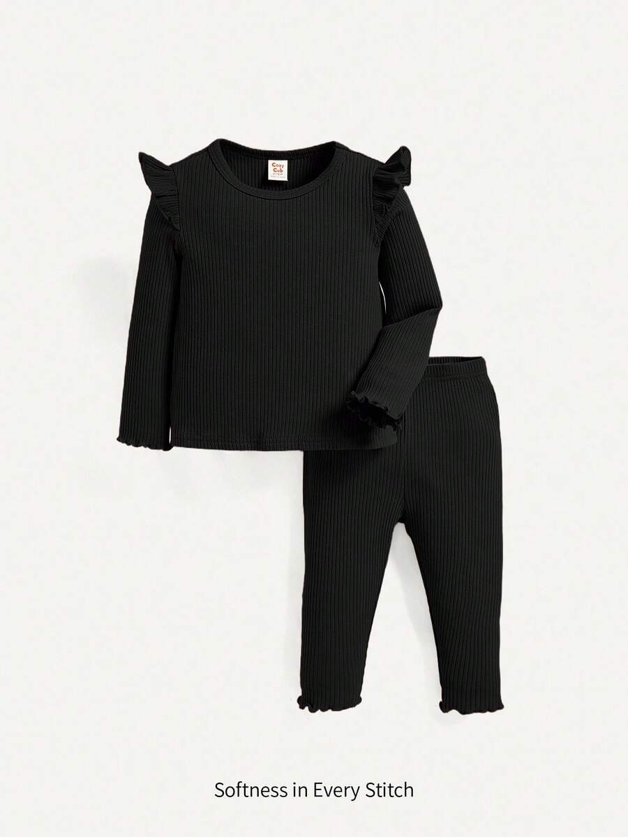 Cozy Pixies 2 件套女婴荷叶边领长袖上衣和波浪下摆裤子套装，轻便 - 黑色 - 查看 1