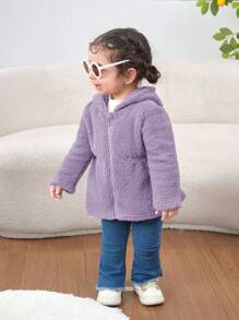SHEIN Áo khoác dài tay có mũ trùm đầu mềm mại dành cho trẻ sơ sinh/trẻ mới biết đi, thích hợp cho các hoạt động ngoài trời, tiệc tùng và vui chơi, mùa thu/đông - Màu tím hoa cà - Xem 4
