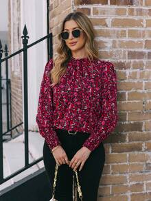 EMERY ROSE 全身花卉印花荷叶边领灯笼袖衬衫，适合新年衣服，长袖上衣 - 紅色 - 查看 4