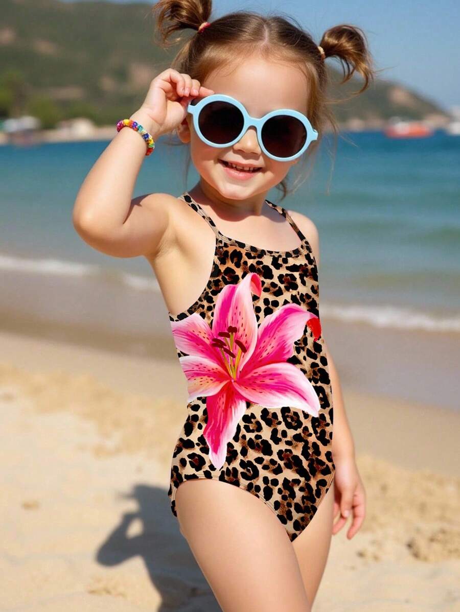 Emery Rose Kids Emery Rose Kids 年轻女孩豹纹、芙蓉花、鸡蛋花、海滩度假、休闲简约连体泳衣,适合夏季海滩、年轻女孩泳装、度假浪漫、度假氛围 - 彩色 - 查看 1