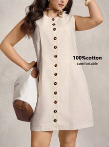 Zelara Robe mini élégante sans manches à taille cintrée et boutonnée, en lin, pour les vacances. Robe d'été pour femmes, tenue décontractée chic, tenue de base pour les femmes élégantes. Convient pour le printemps/l'automne, les vacances, les sorties et les déplacements quotidiens.