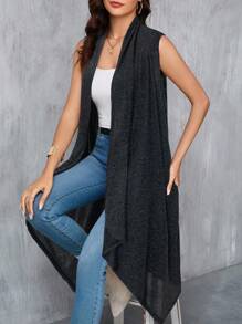 SHEIN Clasi Women's Elegant Asymmetrical Hem Sleeveless Cashmere Cardigan In Fall/Winter - Black - View 3