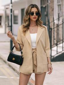 EMERY ROSE 西裝領開門襟西裝外套帶附腰帶短褲 - 卡其色 - 查看 4