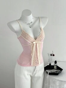 Elamini Women's Casual Lace Patchwork Knit Camisole, Autumn/Winter - Pink - View 5