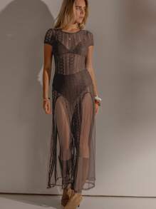 Aralina 女士性感透视蕾丝连衣裙，夏季 - 咖啡棕 - 查看 7