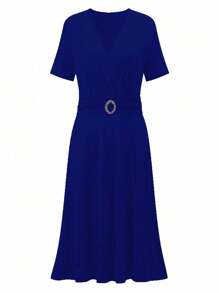 EMERY ROSE 女式V领腰线褶皱短袖连衣裙酒红色长款女装