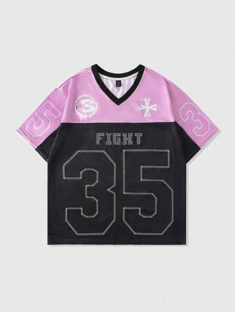 Prep Herren Streetball Basketball Trikot Kurzarm T-Shirt, Sportshirt mit Mesh Stoff Patchwork und glänzendem Material