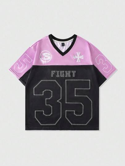 Prep Camiseta de baloncesto callejero para hombres de manga corta, camiseta deportiva con parches de tela de malla y material brillante