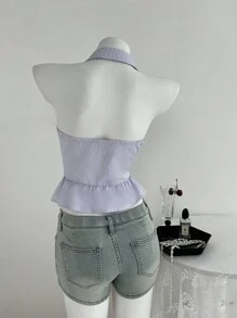 Flirla Parte superior con cuello de halter, botones y volantes a rayas para volver al colegio - Púrpura malva - Ver 2