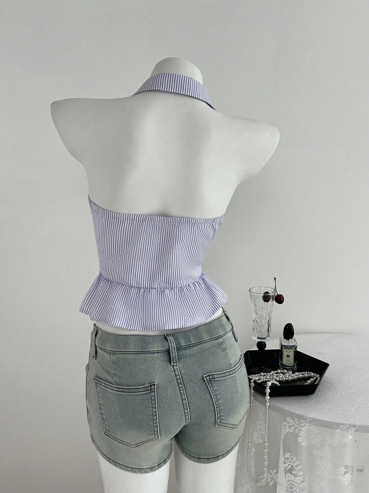 Elamini Back To School Striped Ruffle Button Decor Halter Neck Top - Mauve Purple - View 2