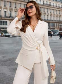 SHEIN Clasi 大码女式纯色不对称下摆翻领长袖优雅西装外套 - 黑色 - 查看 9