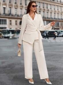 SHEIN Clasi 大码女式纯色不对称下摆翻领长袖优雅西装外套 - 黑色 - 查看 2