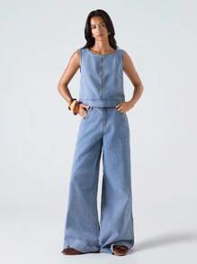 LYSMO Women's Casual Light Blue Denim Suit,Sleeveless Vest And Loose Pants Set,Summer Everyday Office Wear,Western Retro Y2K Streetwear,Festival Rave Outfit - Light Wash - View 7