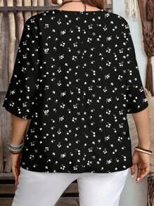 EMERY ROSE 大码女式休闲花卉印花装饰纽扣缺口领 3/4 袖宽松衬衫，适合夏季 - 彩色 - 查看 2