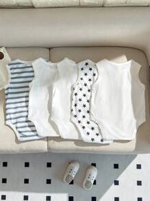 SHEIN 5件套新生男婴休闲百搭针织柔软圆点条纹背心式服装