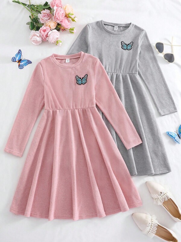 2pcs/Set Girls Casual Vacation Crochet-Like Fabric Embroidered Butterfly Decor Round Neck Long Sleeve Dress, Pink & Gray, Suitable For Autumn Outing