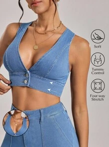 Flexra Chaqueta vaquera sin mangas, súper corta y sexy para mujer, de verano - Azul - Ver 4