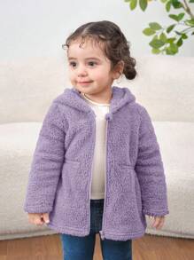 SHEIN Áo khoác dài tay có mũ trùm đầu mềm mại dành cho trẻ sơ sinh/trẻ mới biết đi, thích hợp cho các hoạt động ngoài trời, tiệc tùng và vui chơi, mùa thu/đông - Màu tím hoa cà - Xem 6