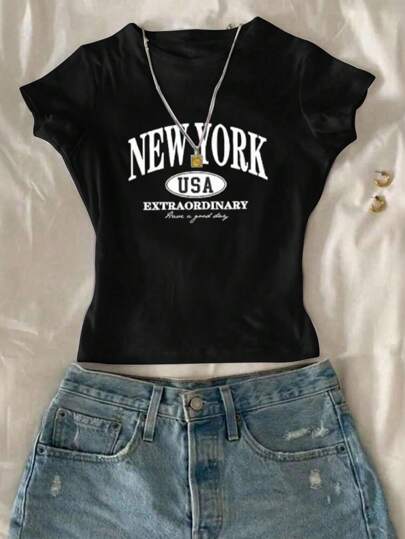 SHEIN Crop top de manga corta ajustado para adolescentes, con estampado de letras negras, minimalista y versátil, adecuado para verano, otoño y vuelta al colegio