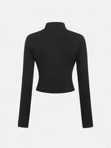 SHEIN Mädchen Tween-Outfit mit schwarzer Strickjacke mit Reißverschluss, Top und Leggings, 3 Stücke Sportset, geeignet für Lässig-Alltag, Yoga und Sport - Schwarz - Übersicht 5