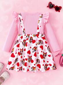 THE POWERPUFF GIRLS X SHEIN Young Girl's Sweet Heart & Blossom Pattern Flare Hem 2 In 1 Long Sleeve Dress, Autumn/Winter - Pink - View 3
