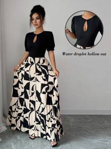Elenzga Fantasia de Halloween colorida, manga curta bufante, gola redonda, cintura baixa, linha A, plissado, elegante, romântico, vestido feminino - Multicolorido - Ver 1