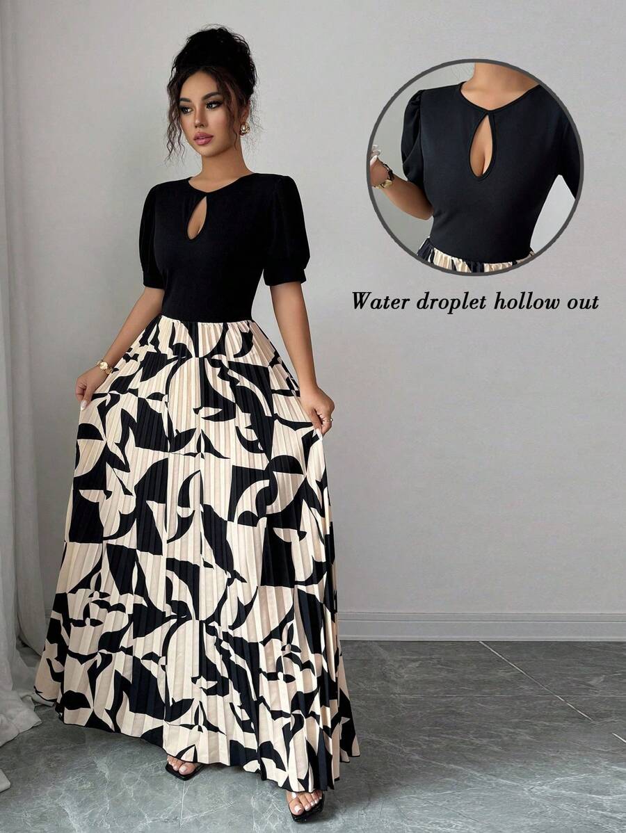 Elenzga Fantasia de Halloween colorida, manga curta bufante, gola redonda, cintura baixa, linha A, plissado, elegante, romântico, vestido feminino - Multicolorido - Ver 1