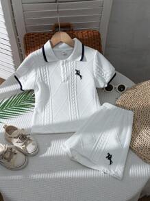夏季新款休闲纹理针织 Polo 衫 T 恤 + 宽松短裤 2 件套年轻男孩服装，学院风 - 白色 - 查看 3