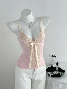 Elamini Women's Casual Lace Patchwork Knit Camisole, Autumn/Winter - Pink - View 3