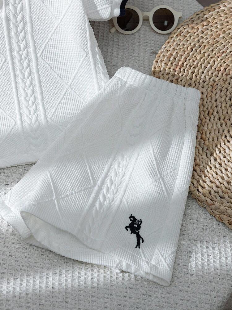 Áo thun polo dệt kim họa tiết giản dị mùa hè mới + quần short rộng 2 món cho bé trai, phong cách đại học - trắng - Xem 7
