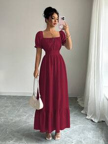 Selianne Đầm casual kẻ sọc thanh lịch mới mùa xuân/hè, kiểu dáng xếp ly eo, cổ tròn, dây buộc vai, tay phồng, viền bèo, thoải mái cho công sở và kỳ nghỉ. - Màu Đỏ Sâu - Xem 7