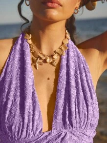 SHEIN Aralina-F Đầm ngắn cổ yếm ren hoa nhún bèo thanh lịch dành cho nữ đi nghỉ - Màu tím - Xem 7