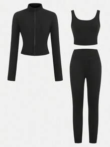 SHEIN Mädchen Tween-Outfit mit schwarzer Strickjacke mit Reißverschluss, Top und Leggings, 3 Stücke Sportset, geeignet für Lässig-Alltag, Yoga und Sport - Schwarz - Übersicht 11