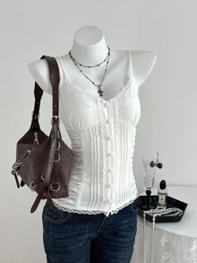 Elamini Áo hai dây ngắn tay ôm vừa vặn, thường ngày, đa năng, phối ren ngọt ngào - trắng - Xem 6