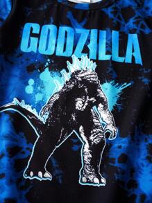 GODZILLAxKONG X SHEIN Young Boy Tie-Dye Monster Pattern Loose Fit Crew Neck Short Sleeve T-Shirt - BLUE AND BLACK - View 5