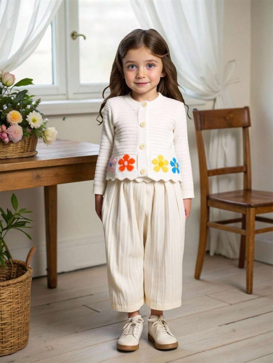 Young Girls Elegant Jacquard Button Cardigans, Suitable For Autumn/Winter Seasons, Back To School, Outings, Travel And Vacation - White - View 1