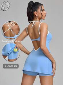 Innovista Đầm thể thao nữ, quần đùi phối màu tương phản, túi hai bên, bộ đồ tập luyện cơ bản, đệm mút có thể tháo rời, đồ tập thể dục liền thân co giãn, hở lưng với họa tiết lưới, thoáng khí, trang phục thể thao mùa thu, đơn giản, cơ bản hàng ngày, phong cách thể thao năng động, quần áo mặc nhà từ văn phòng đến phòng tập, chạy bộ, đạp xe, tập luyện HIIT, thoải mái vận động, tập cardio, chèo thuyền, chơi golf, đạp xe, kiểu dáng chéo, quần vợt, trang phục cốt lõi. - Màu xanh lam - Xem 2