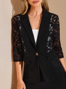 Amorya Women's Contrast Color Lace Single-Button Blazer And Straight Leg Pants Suit SetAutumn And Winter Women's ClothingWork/Officehalloween - Black - View 6