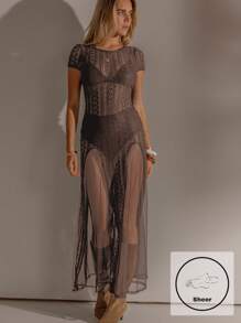 Aralina 女士性感透视蕾丝连衣裙，夏季 - 咖啡棕 - 查看 1