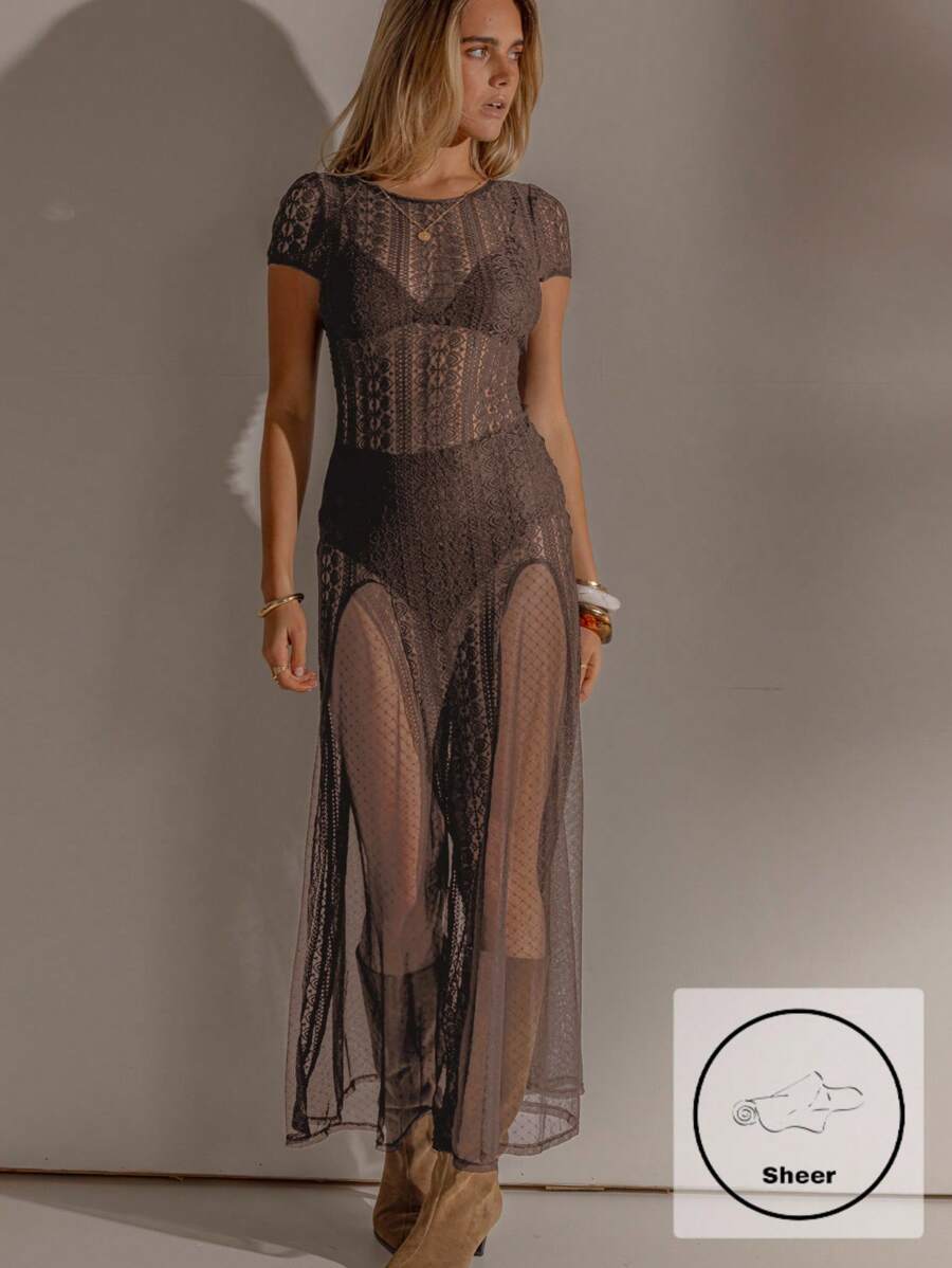 Aralina 女士性感透视蕾丝连衣裙，夏季 - 咖啡棕 - 查看 1