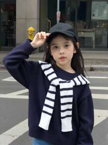 Girls' Chunky Knit Round Neck Collegiate Poncho Sweater, Fashionable & Elegant Pullover Top, Classic Versatile Layering Piece For Back To School, Autumn/Winter Fall