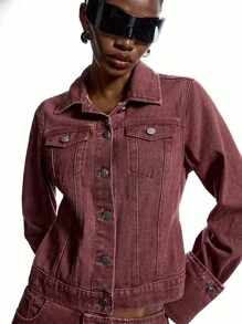 LYSMO Áo khoác denim cổ điển giặt thường ngày dành cho nữ - màu nâu - Xem 5