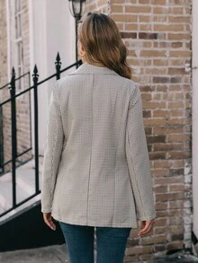 EMERY ROSE 女式翻领长袖时尚百搭格子双排扣西装外套