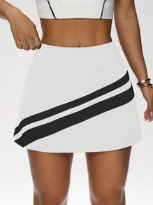 Easithlete A字形撞色双腰带拼接短裤口袋运动裙，春夏 - 白色 - 查看 6