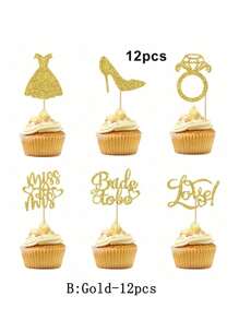 12 件新娘纸杯蛋糕装饰物，带心形戒指，新娘送礼会纸杯蛋糕装饰，婚礼订婚单身派对蛋糕装饰用品 - 彩色 - 查看 8